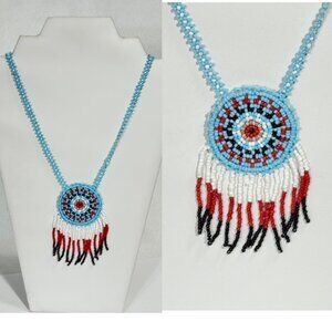 22" blue beaded Southwest pendant necklace.